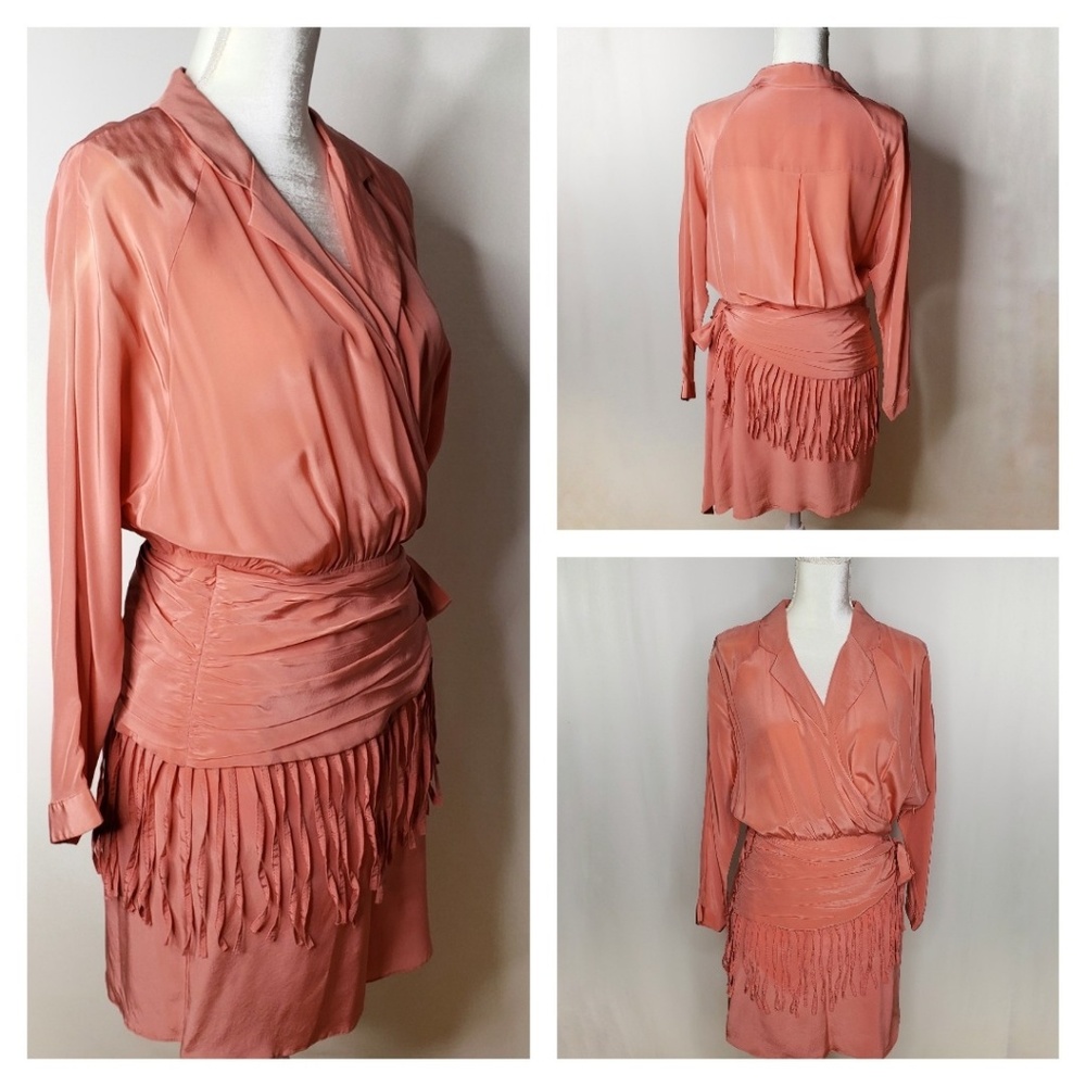 Satin Wrap-Style Fringe Hem Dress in Coral
